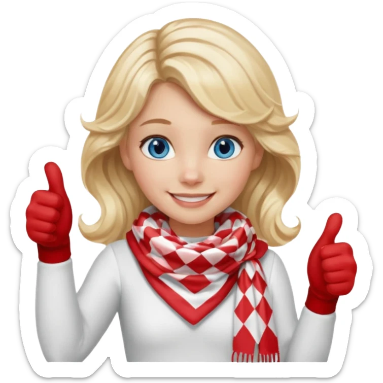 Blonde Girl, Blue Eyes, wavy hair, smiling, thumbs up, wearing red Checkered Triangle scarf, white dress sticker