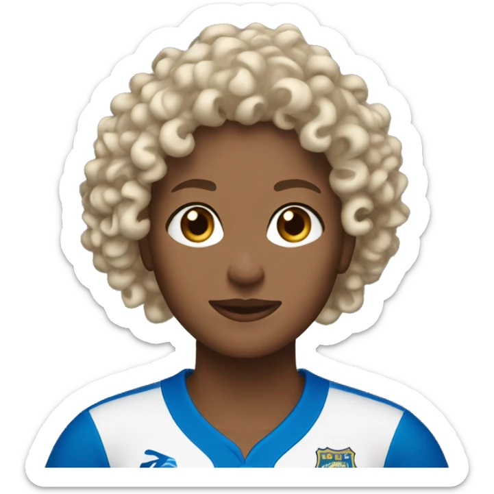 brown with blonde highlights curly haired woman with blue eyes in Wave FC jersey sticker