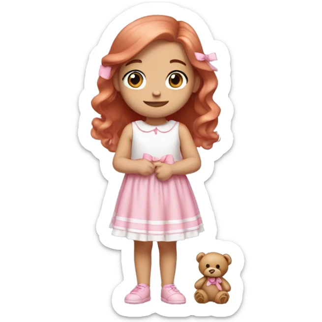 Little Girl with White skin, blue eyes. Light brown and red hair with pink bows.  She is wearing a pink and White dress, standing and holding on to a teddybear with a pink bows. sticker