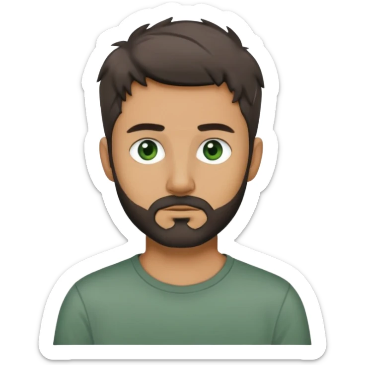 man with dark messy short hair, dark green eyes, gray T-shirt, and short beard sticker