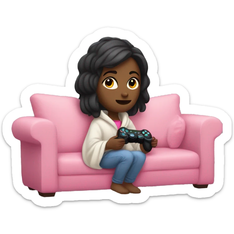 White girl with dark hair wrapped up in a blanket sitting on a couch with a pink gaming controller in her hands sticker