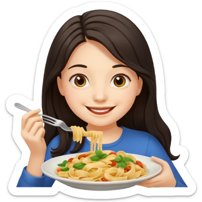 chica joven con piel clara y pelo oscuro largo comiendo un plato de pasta que parezca un emoji de iphone (sistema ios) sticker