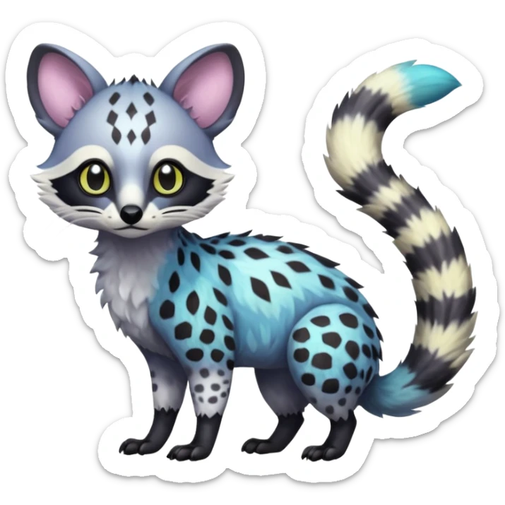 Rare iridescent white exotic epic aesthetic colorful Trico-Genet-Civet-species-Fakemon-hybrid-creature, with intricate markings, full body sticker