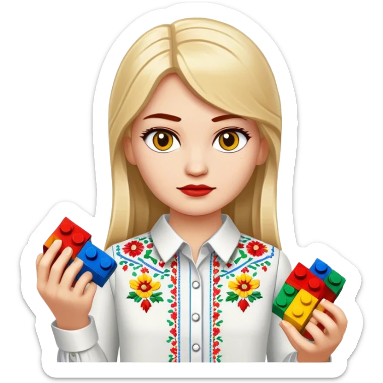 A Ukrainian girl in an embroidered shirt holds Lego bricks sticker