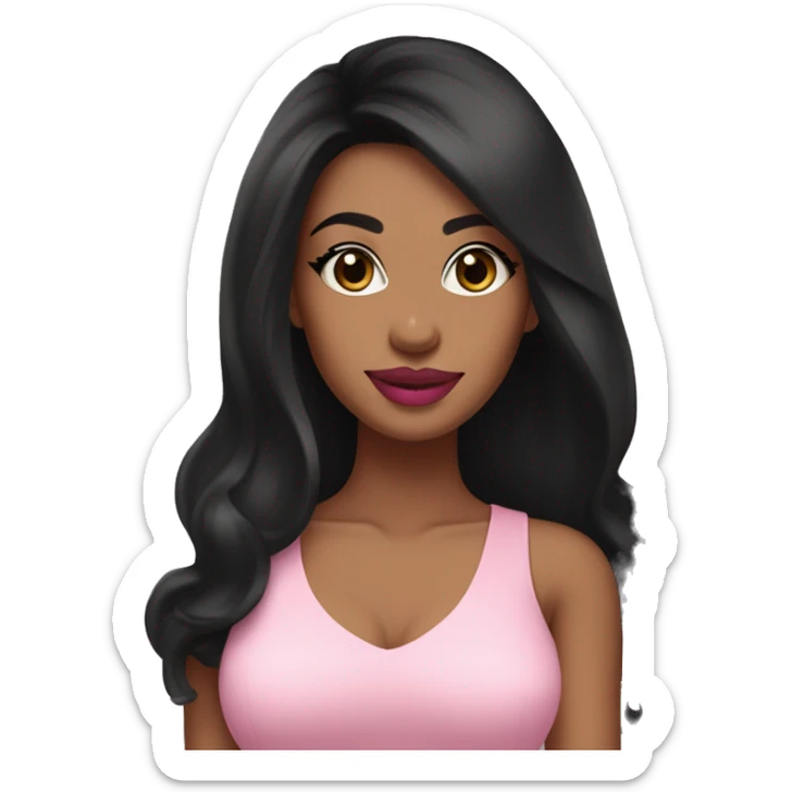 Pretty esthetician with long black hair and pink top tan skin pretty eyes and pink lipstick sticker