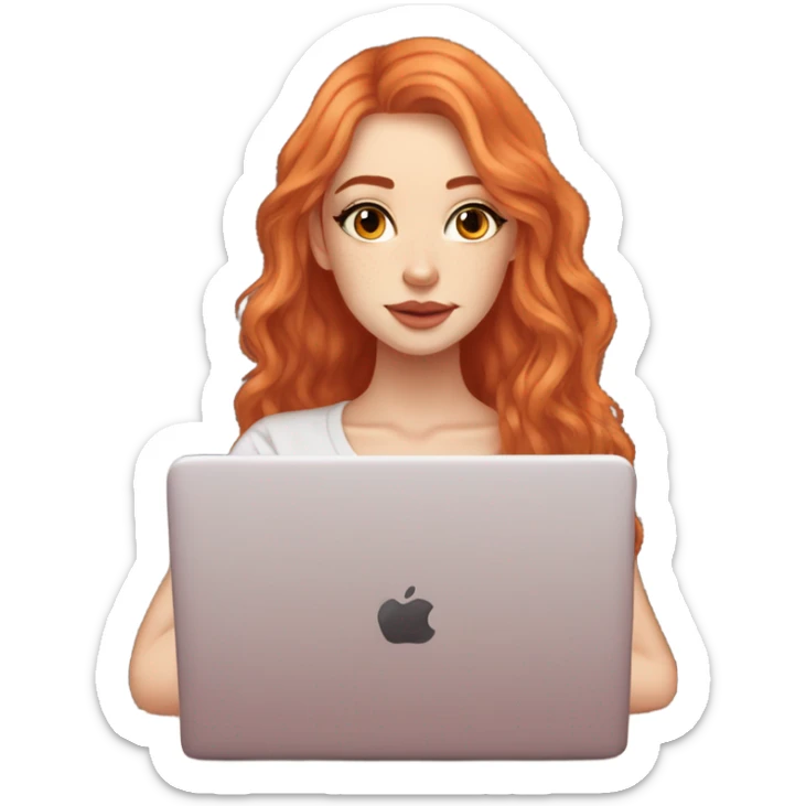 Long wavy red orange hair orange brown eyes beautiful face thick eyelashes pink lips gorgeous skinny fair skin white aesthetic tall girl working on laptop cozy sticker