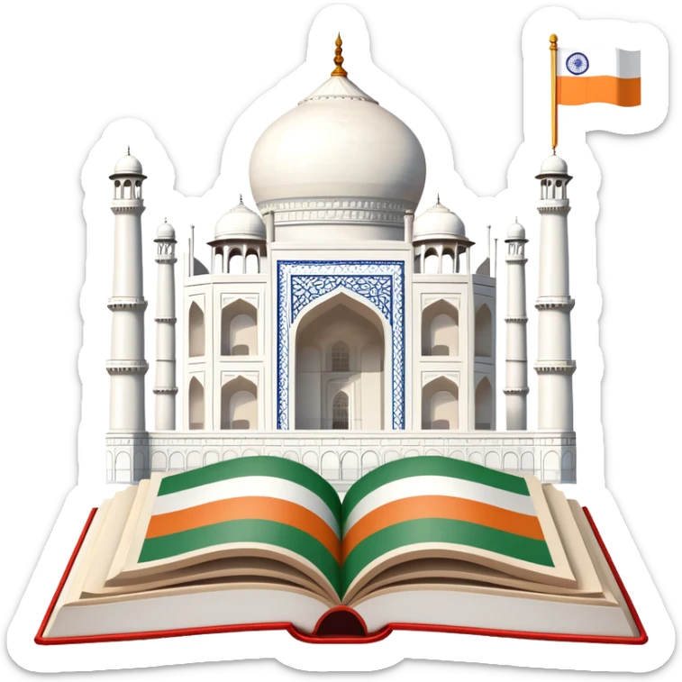 An icon featuring the Taj Mahal and the flag of India, symbolizing the Hindi language. The design includes an open book with hindi text, representing language learning and cultural richness. Transparent background highlights the heritage of India. sticker