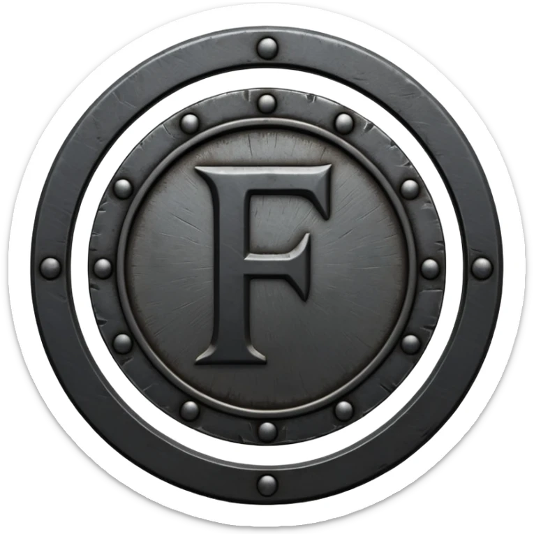 Minimal emoji, gothic metal coin made of black steel, engraved number f at the center, ancient industrial aesthetic, worn metal texture, no glow, no neon, flat emoji design, centered, transparent background sticker