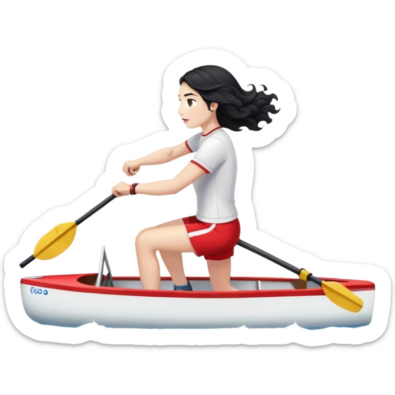 girl with long black wavy hair, white skin, wearing red shorts and white short-sleeve t-shirt, doing Olympic rowing in a long thin racing boat, facing fully right, slightly from a distance sticker