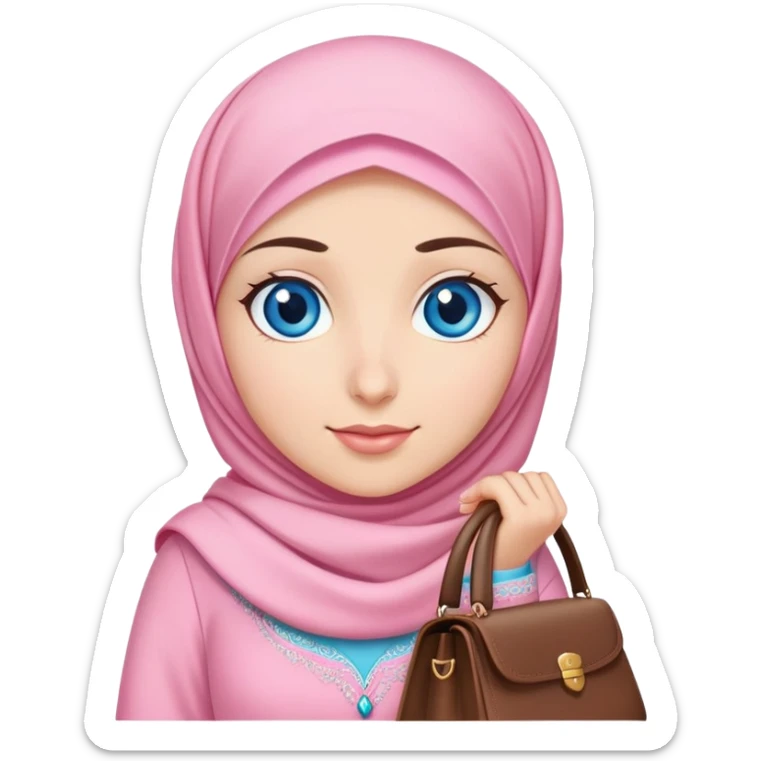 Turkish beautiful finish Konya girl blue eyes with pink hijab islamic dress and had on her hand bag sticker