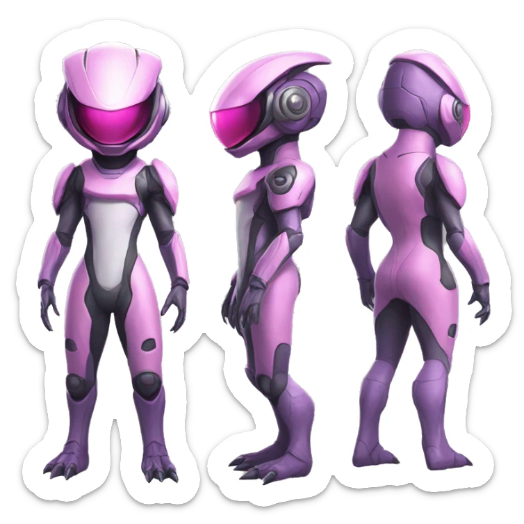 Lizard-Reptile-Raptor-Alien-Genesect-Mewtwo-Fakémon, with pink eyes, with a futuristic visor-helmet, wearing a techwear-suit, Full Body sticker