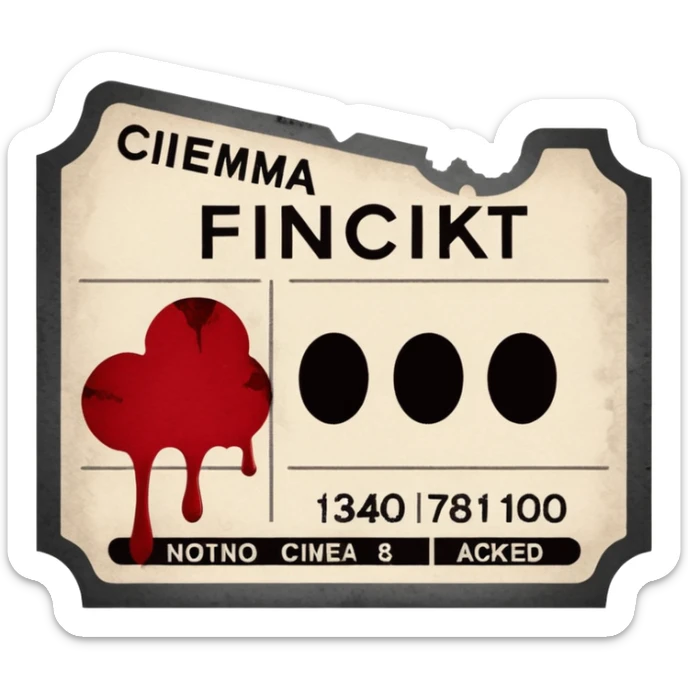 Minimalist emoji-style sticker of an old torn cinema ticket, no text, blood-stained edges and burn holes, grayscale paper

 sticker