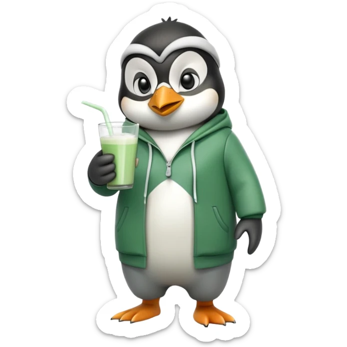 full body portrait of a friendly anthropomorphised penguin wearing a green mafia-style tracksuit, angry, confident scheming stance, holding a glass of milk sticker