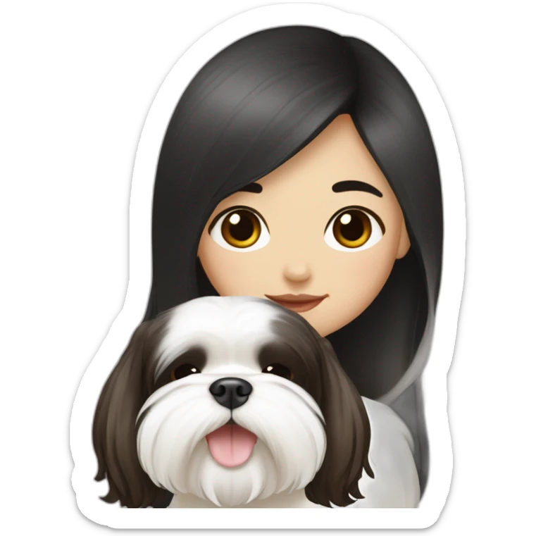 long black hair korean girl with shih tzu in white and brown sticker