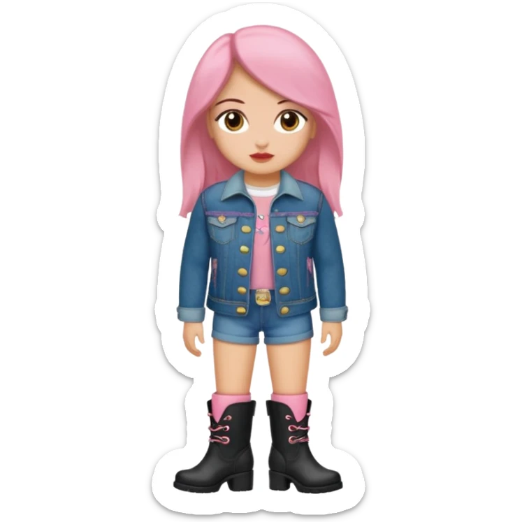 Gordita, ojos pequeños de color cafe oscuro, labios pequeños y rosados, piel trigueña, orejas pequeñas, cabello largo lazio y negro, pequeña. cuerpo completo. vestida con saco jean y botas sticker