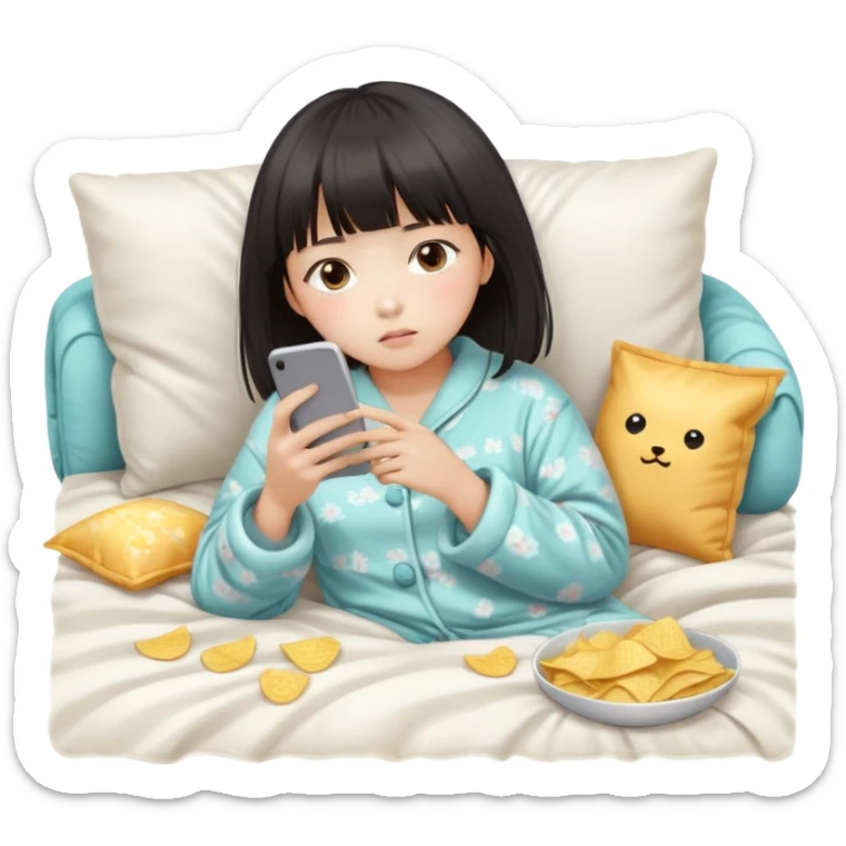 Cute East Asian girl, soft fair skin, straight bangs, messy inward bob. Wearing fluffy pajamas, lying on couch under blanket, holding chips and phone, expression blank and tired. sticker