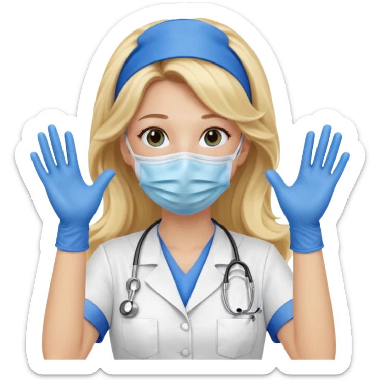 enfermera rubia con pelo largo sin balaca en el pelo, con mascarilla y guantes azules las dos manos arriba sticker