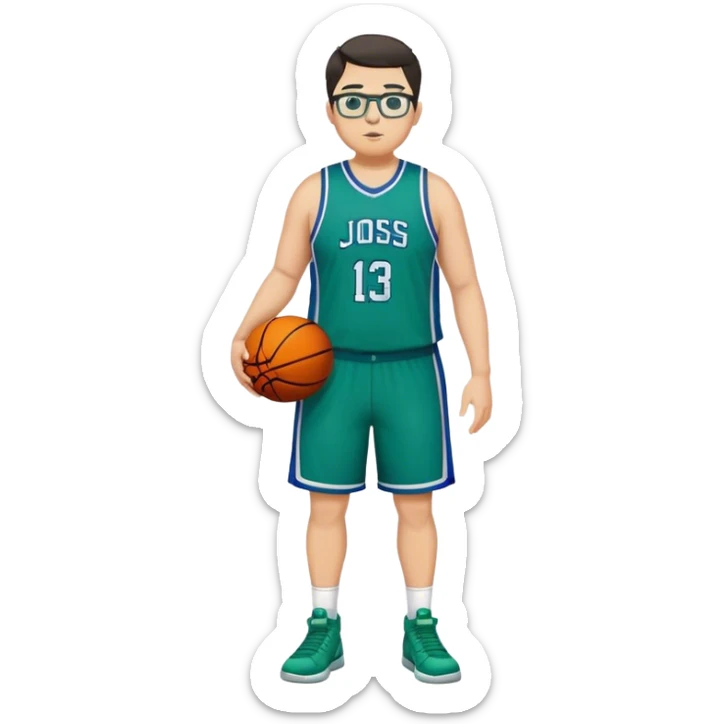 Full Body tall plus size white male with dark short hair basketball player wearing glasses wearing blue green uniform sticker