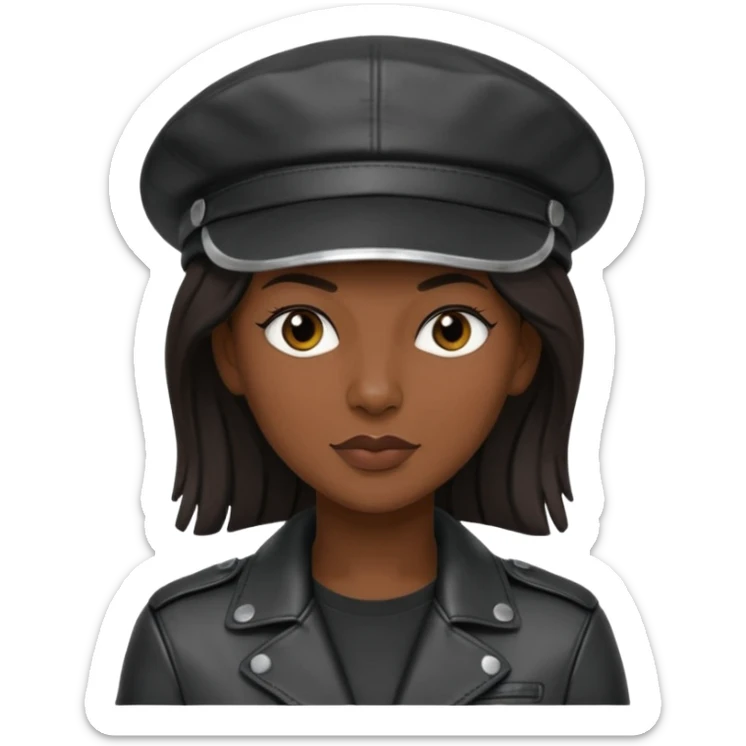 a leather Dom lesbian woman in her 40s with a black leather cap and black leather jacket sticker