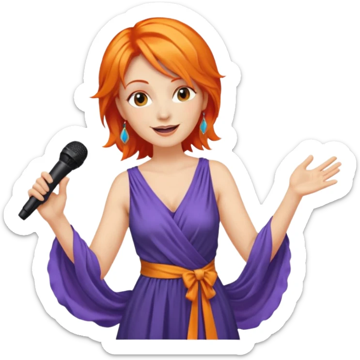 singer, Middle age, orange hair, happy, holding mic, wearing dress sticker