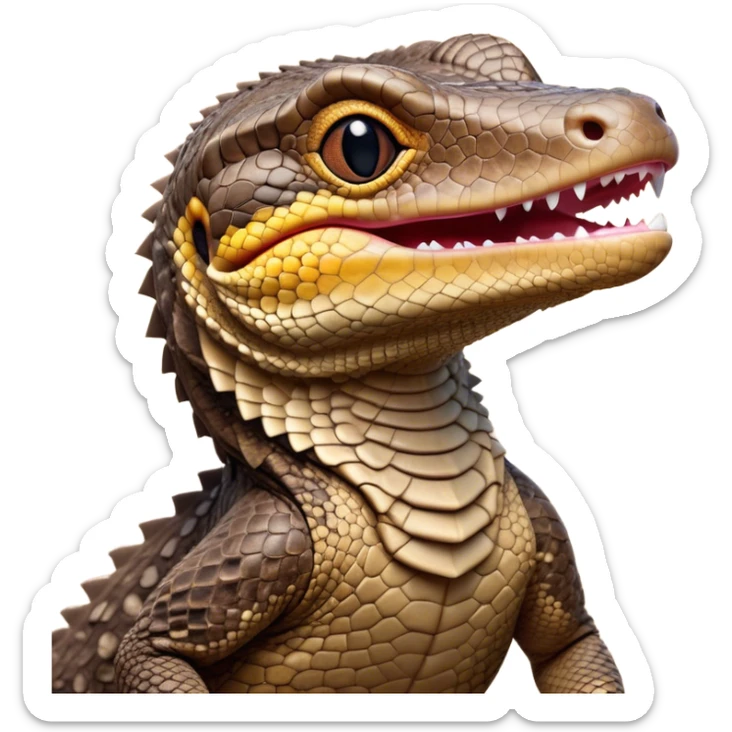 Cinematic Cute Yawning brown camo spotted monitor Lizard Portrait Emoji, Head tilted slightly with a dramatic, wide-open yawn, showcasing textured, patterned scales and sleepy, half-closed eyes exuding relaxed charm, Simplified yet irresistibly adorable features, highly detailed, glowing with a soft, cozy glow, high shine, relaxed yet expressive, stylized with a dash of whimsical wildness, soft glowing outline, capturing the essence of a drowsy yet affectionate reptile that appears ready to stretch out for a nap! sticker