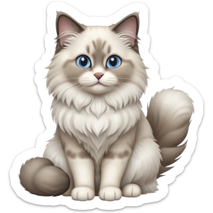 cinematic-[Ragdoll cat]-realistic-full-body-sitting-emoji,-tail-curled-playfully-around-its-paws,-head-tilted-dramatically,-fluffy-[grey ragdoll cat]-fur,-simplified-yet-realistic-focused-features,-highly-detailed,-glowing-with-an-almost-sarcastic-glow sticker