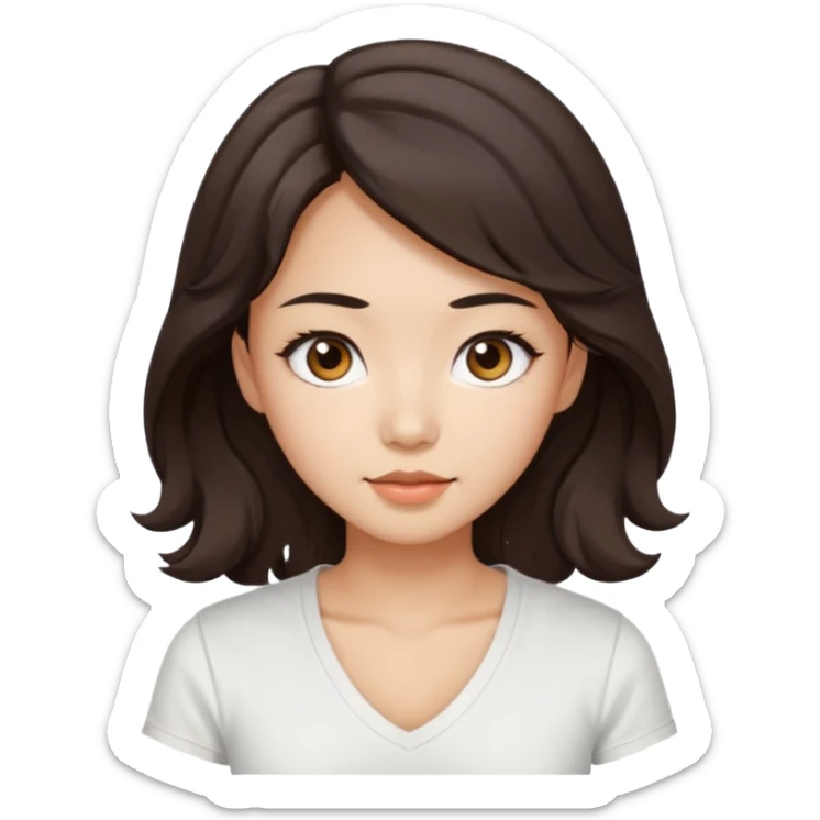 iOS style emoji. A girl with very long dark brown wavy hair. And the eyes color is dark brown. And she is wearing white t shirt with V kneck. And she is 30. She is Asian with double eyelids  sticker
