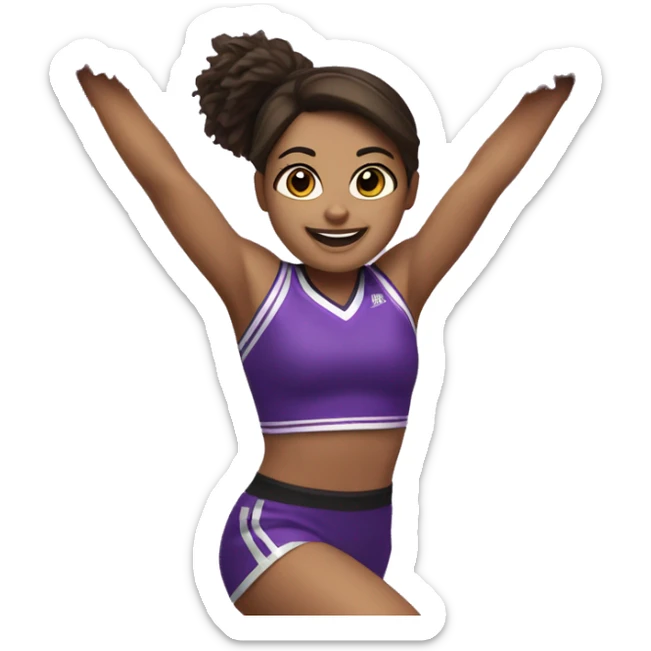 Caucasian cheerleader with dark brown hair, jumping and holding up two purple Pom poms sticker