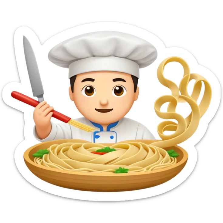 Shanxi knife-cut noodles with chef slicing dough, simplified emoji style with bold outlines and bright colors, cartoon style flying noodle strips sticker