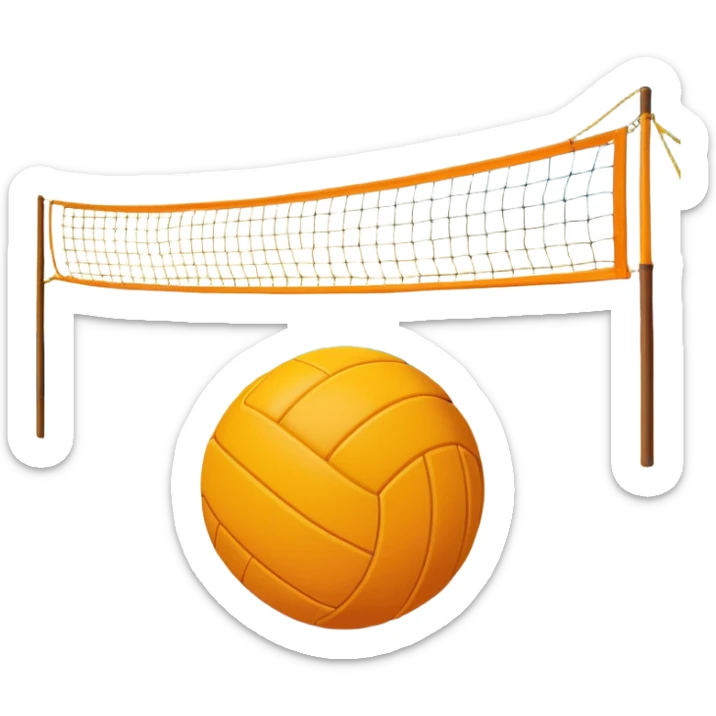 A volleyball resting on the yellow sand on a beach, with the net in the background and a scenic view of the ocean and sky. The scene captures the relaxed yet competitive vibe of beach volleyball, with warm sunlight and the natural beauty of the beach. sticker
