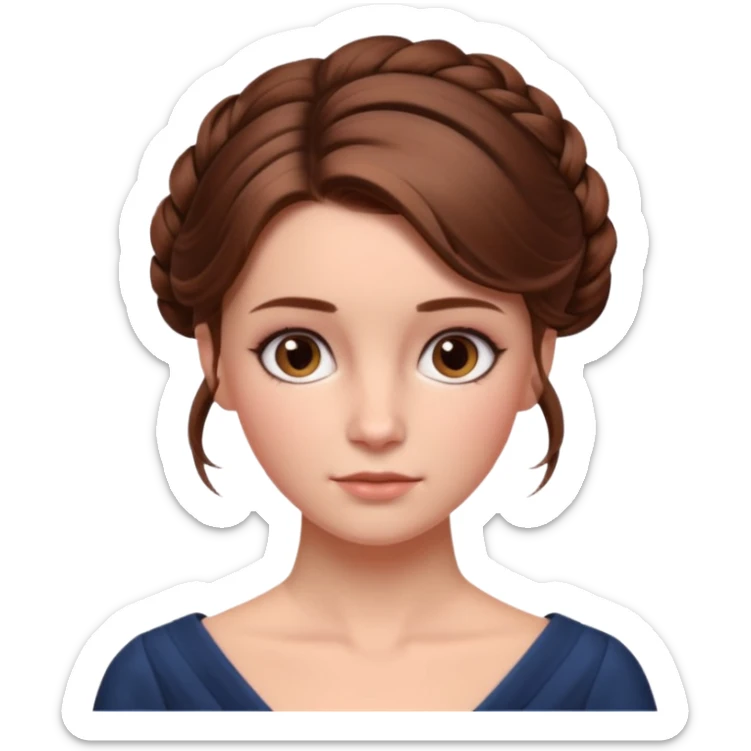 Cinematic Emma Darcy Realistic Portrait, depicted with lifelike skin texture, subtle rosy undertones, and soft natural lighting that enhances the gentle contours of her face. Her intricately detailed brown hair is elegantly styled in an updo, sticker