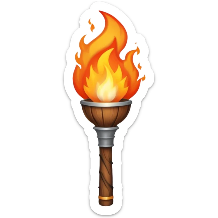 A flaming torch with a wooden handle, like an adventure movie torch sticker
