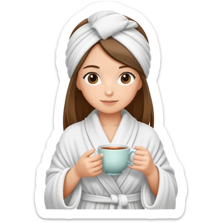 girl hair wrapped in towel wearing lobe holding tea with hands sticker
