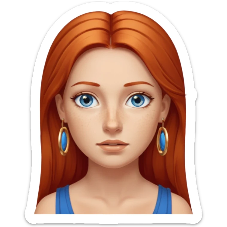 Attractive Greek woman with a wide face, freckles, Long straight amber-red hair and gold hoop earrings and blue eyes sticker