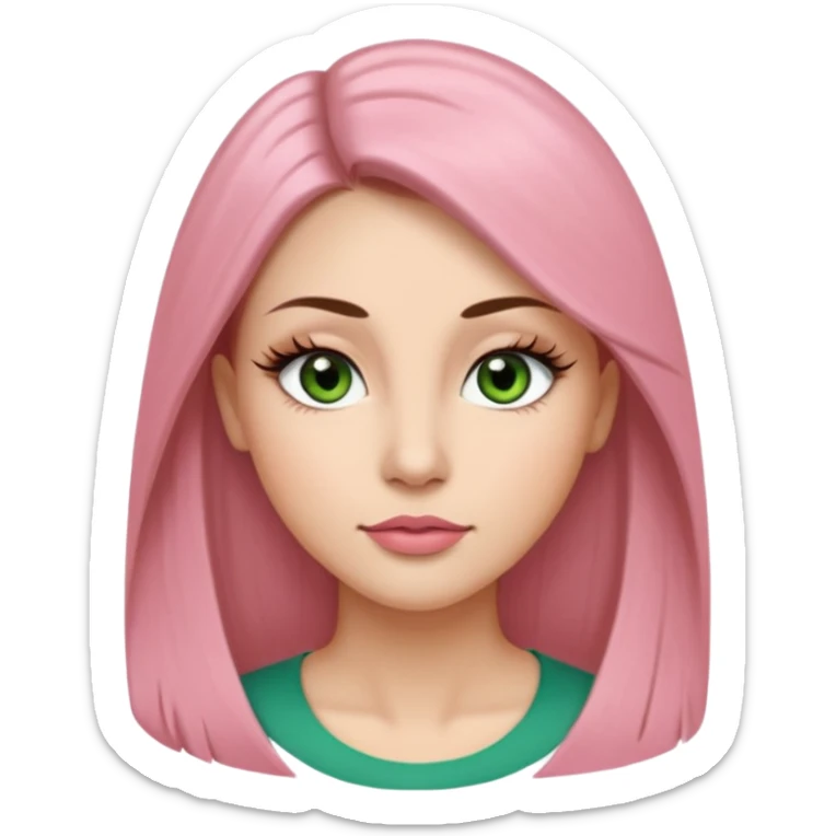Adult woman avatar, light skin tone, oval face, long straight brown hair, green almond-shaped eyes with dramatic eyelashes and minimal eyeliner, neutral mouth, medium straight eyebrows, small nose, natural pink lips, smooth skin with light natural blush sticker