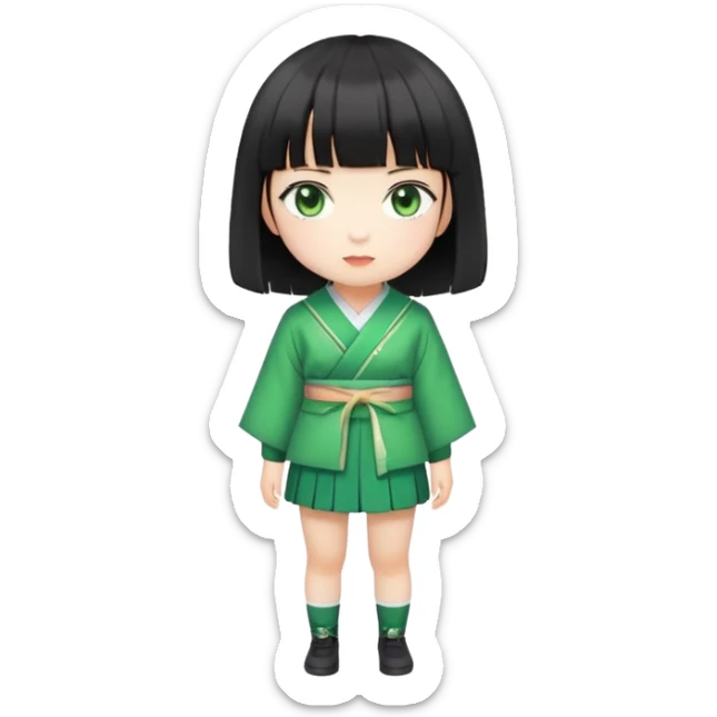 Japanese girl with short black hair and bangs, wearing a Jirai Kei outfit, green eyes, standing pose sticker
