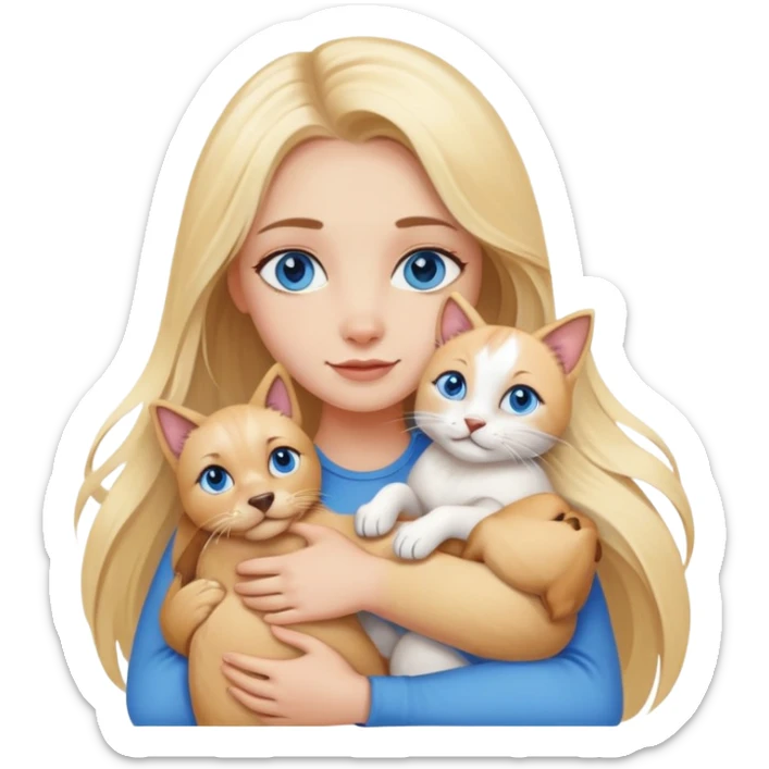 blonde woman with blue eyes and long blonde hair hugging dogs and cats   sticker