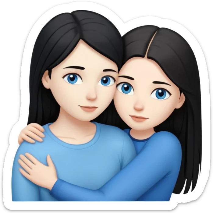 Lesbian couple with white skin. One with long straight black hair. One with long straight brown hair. Both with blue eyes. In a loving embrace sticker