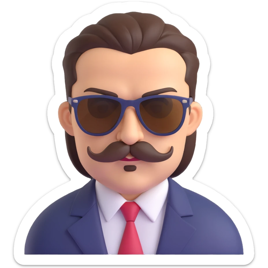 stylish mafia boss, brown slicked-back hair, thick mustache, sunglasses, intimidating presence sticker