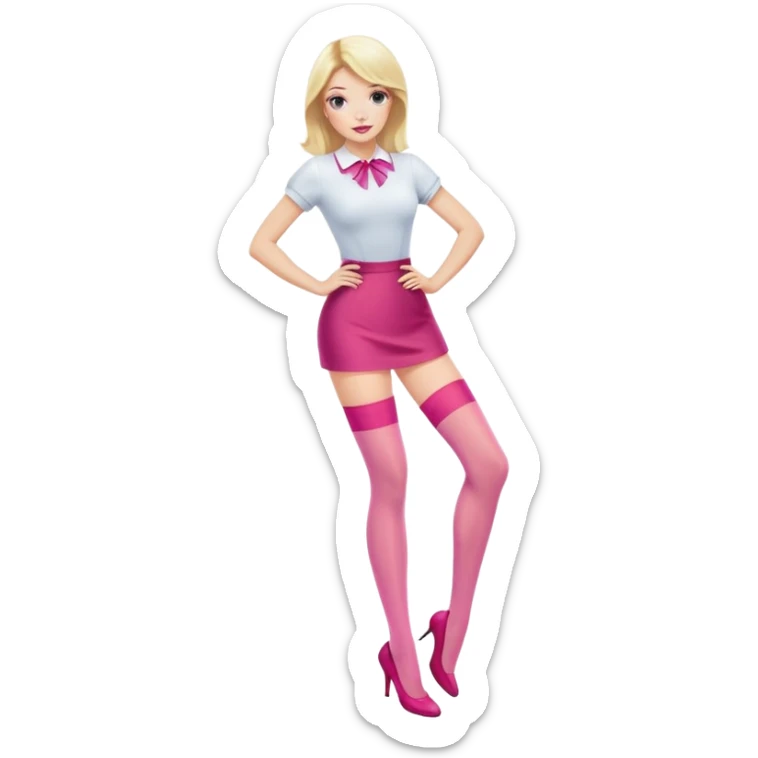 Fashionable blonde woman with pink nylon stockings, confident pose sticker