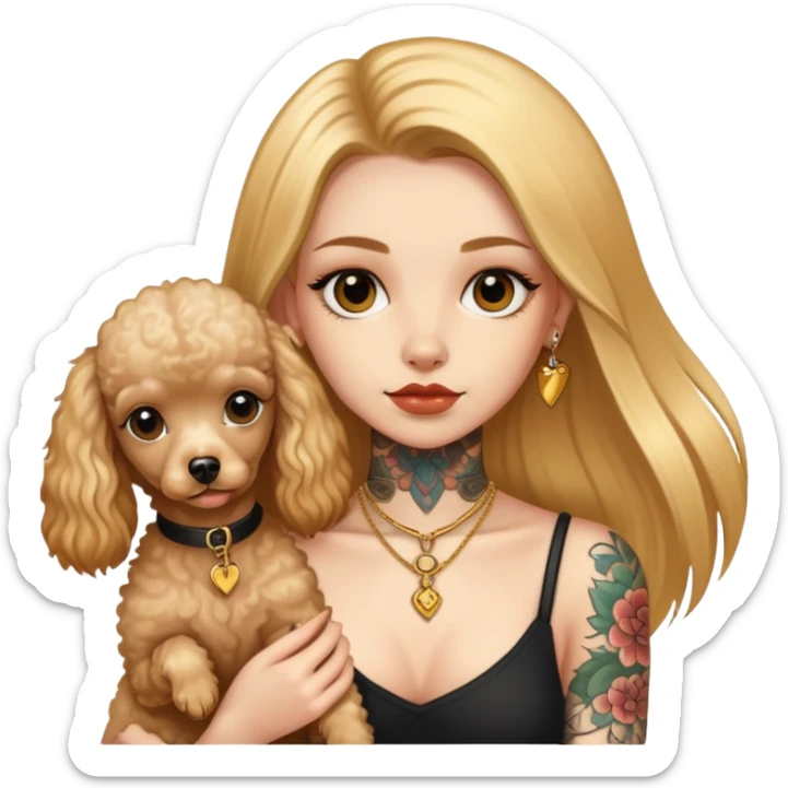 a  girl with glod  straight long hair and tattoos and two miniature poodles sticker