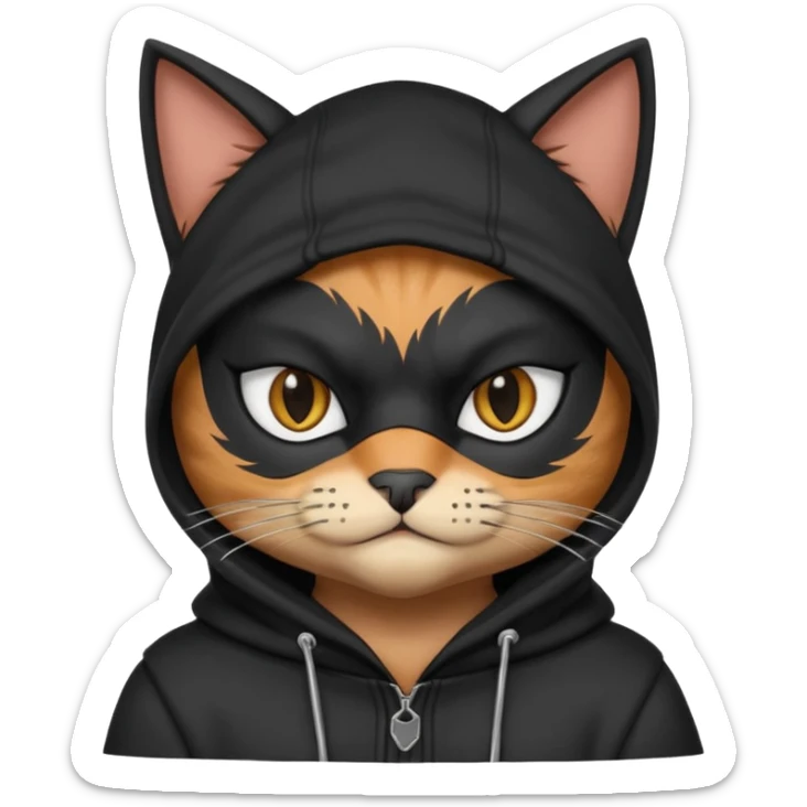 thief cat portrait, head and shoulders only, black mask markings, sly eyes, dark hoodie collar, mischievous expression, 3D cartoon, mobile game icon style, clean background, no text, no watermark
 sticker