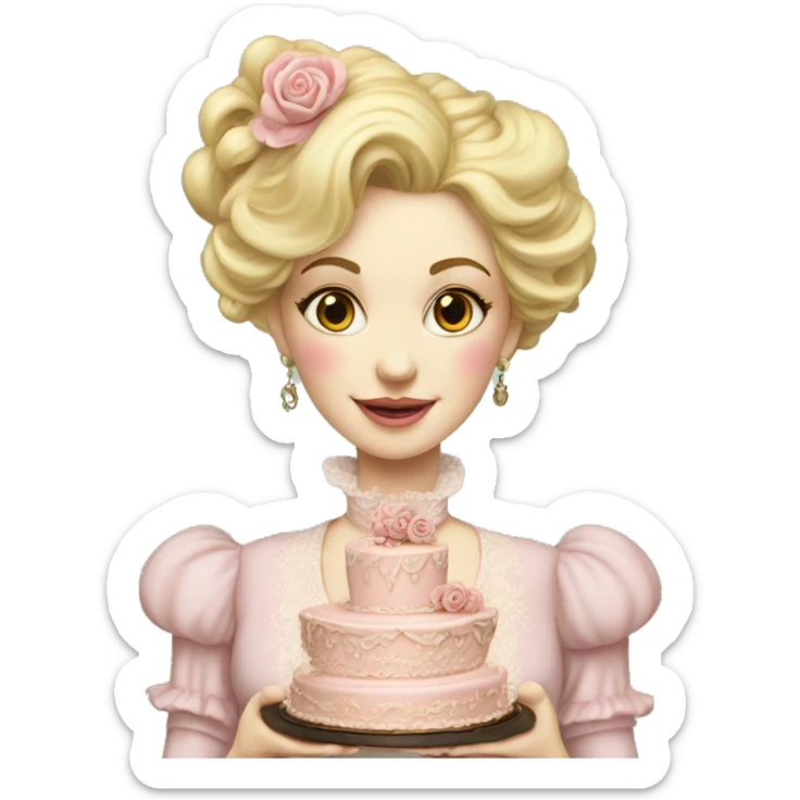Blonde Woman holding a Vintage, highly detailed, rococo, Victorian, Birthday cake, pale pink, sticker