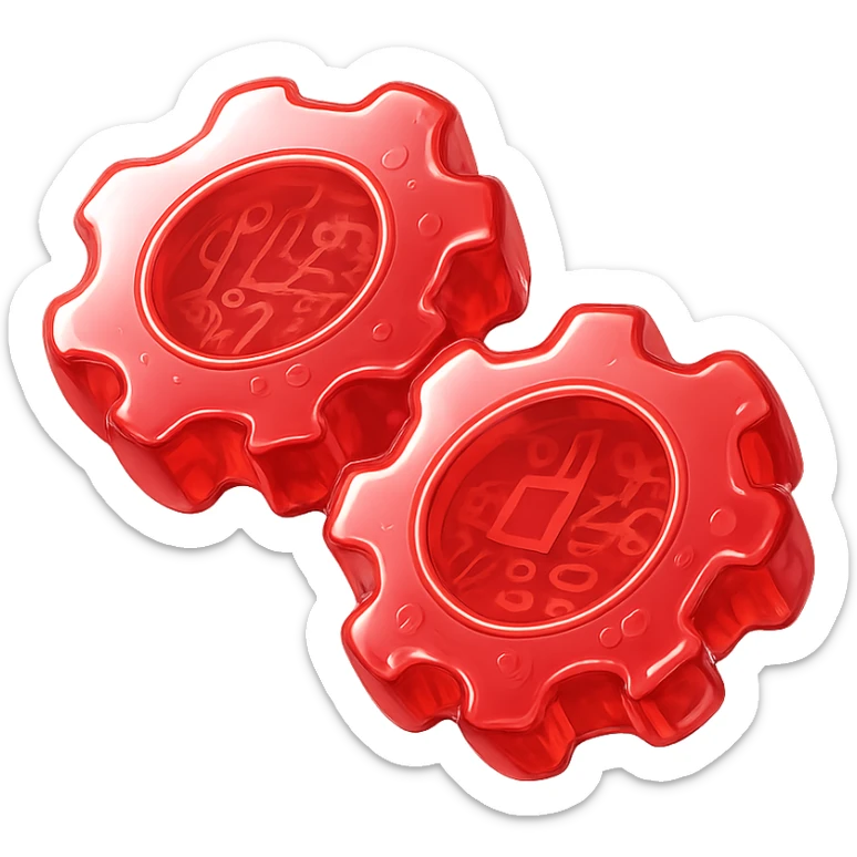 set of 2 round gears, shiny and metallic, glossy circuit style, all in red color sticker