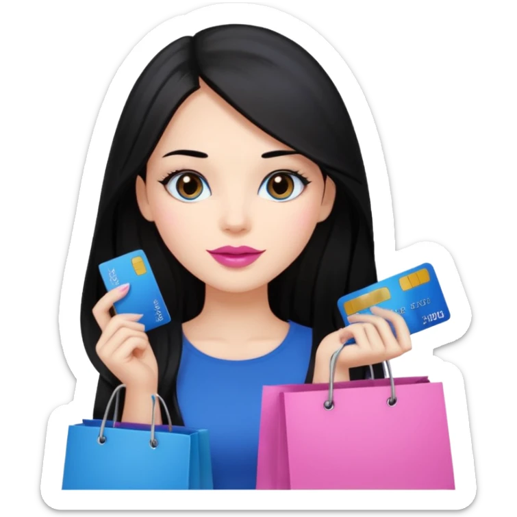 Girl with long black hair, pink lipstick, brown eyes holding shopping bags and blue credit card sticker