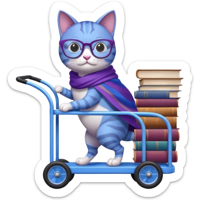 Purple and blue cat, with glasses and a shawl, pushing a 4 wheeled cart full of books sticker