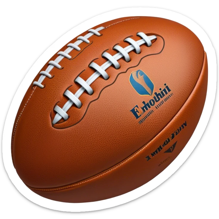 Cinematic Realistic image of a rugged rugby ball with detailed leather textures and precise stitching, rendered against a sunlit field backdrop with dynamic natural lighting that emphasizes its robust character sticker