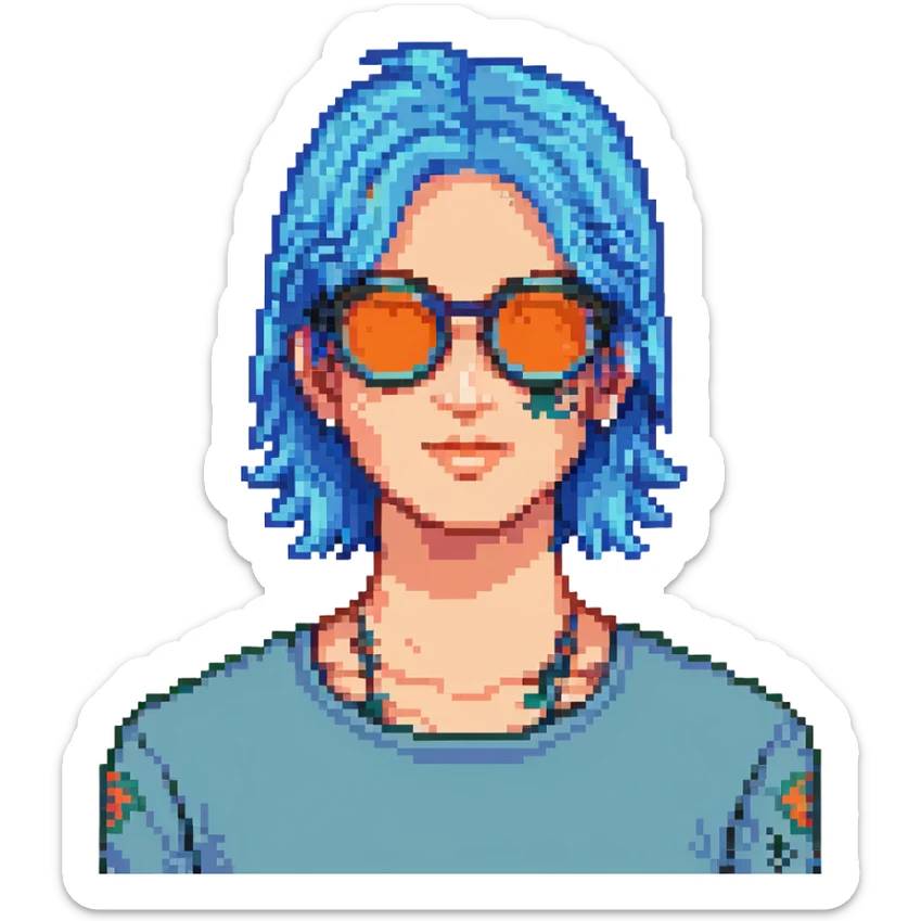 person with blue hair, glasses, and a visible tattoo, pixel art style sticker