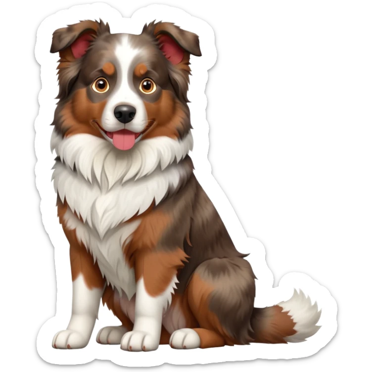 cinematic-[australian shepherd dog]-realistic-full-body-sitting-emoji,-tail-resting-loosely-beside-its-paws,-head-tilted-dramatically,-scruffy-[white and red merle]-fur,-simplified-yet-realistic-focused-features,-highly-detailed,-glowing-with-an-almost-sarcastic-glow sticker