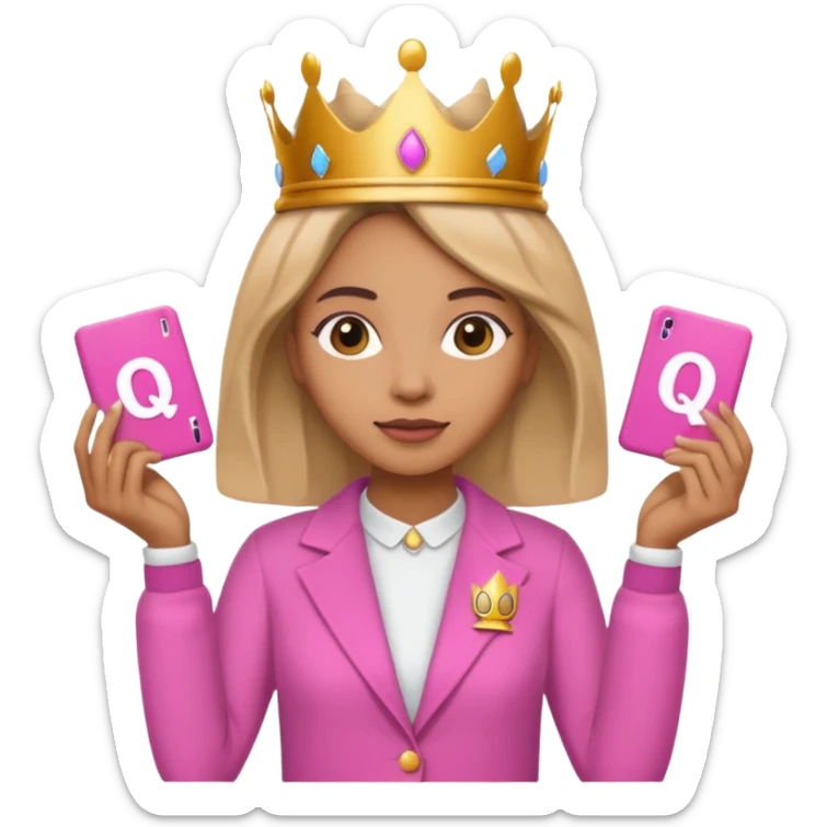 Crear una reina morena clara con ropa rosa sosteniendo la palabra Queen en sus manos sticker